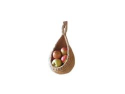 Cesta de yute rústica hecha a mano para colgar en la pared, ideal para guardar frutas y verduras en la cocina.