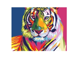 Tela con diseño para pintar por números, 40 x 50 cm. Estampado de tigre multicolor. Incluye pinzas y las pinturas necesarias.