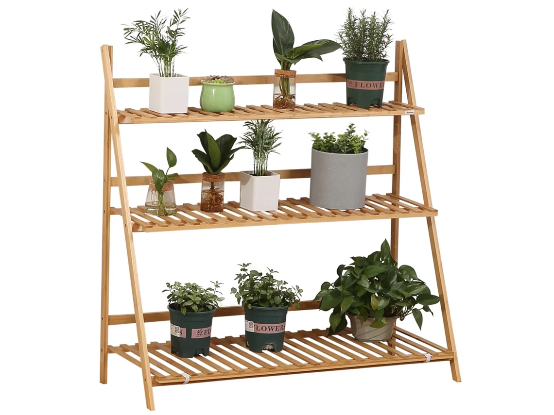 Soporte para plantas de bambú con escalera plegable, 100x39x97 cm, acabado natural.