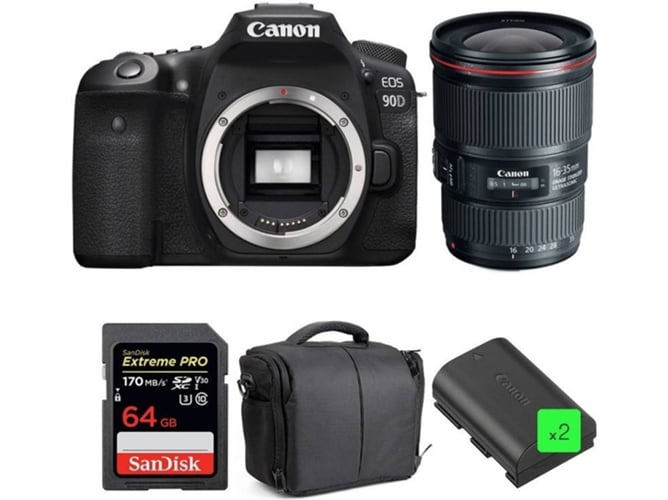 Kit Cámara Réflex CANON EOS 90D + EF 16-35mm f/4L IS USM + SanDisk 64GB + 2 LP-E6N + Bolsa