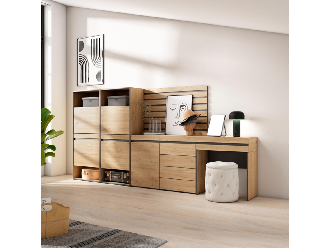 Zapatero, 297x145x35 cm, Dormitorio, habitación, Cómoda, Cajonera, Listones Decorativos, Tocador, Roble SKRAUT HOME