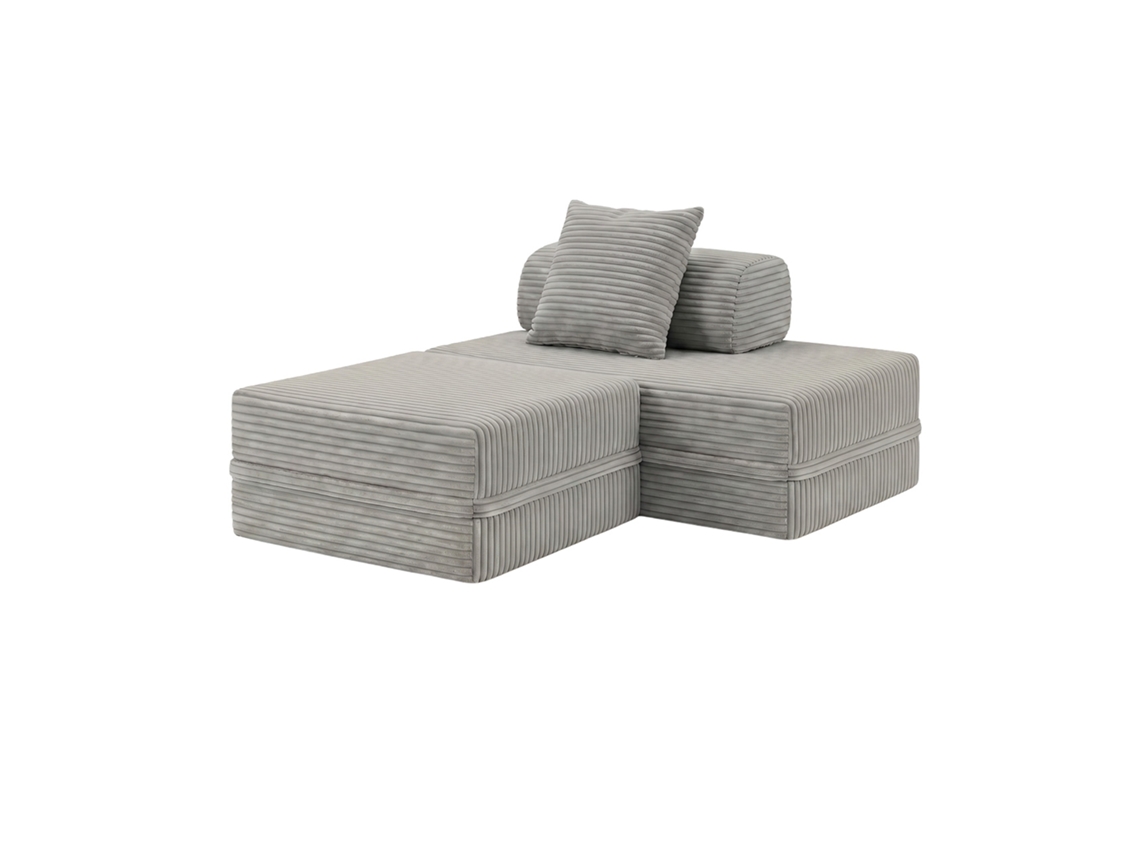 Sofá Modular 2 Lugares + Puff Convertible Veludo Listado Cinza