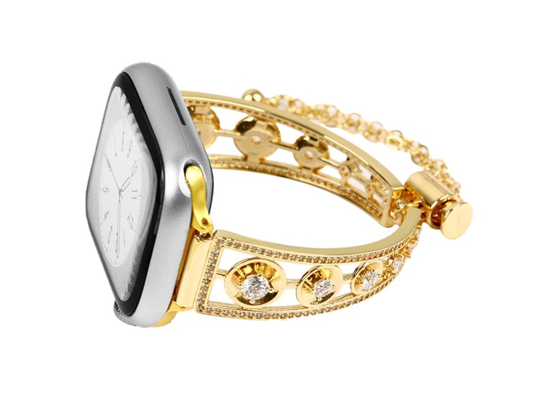 Bracelete Para Apple Watch 42/41/40/38mm - Metal Com Zircônio E Platina Dourada
