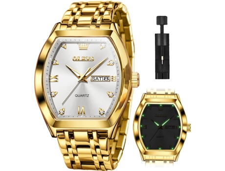 VEANXIN Reloj para Hombre Cuadrado Diamante Cuarzo Fecha Lujo Acero Inoxidable Impermeable Luminoso Dos Tonos(astilla de oro)
