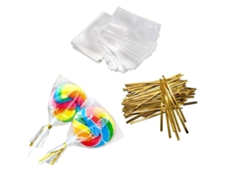 100 Bolsas Transparentes De Opp Con 100 Cintas Metálicas Para Piruletas De Caramelo.
