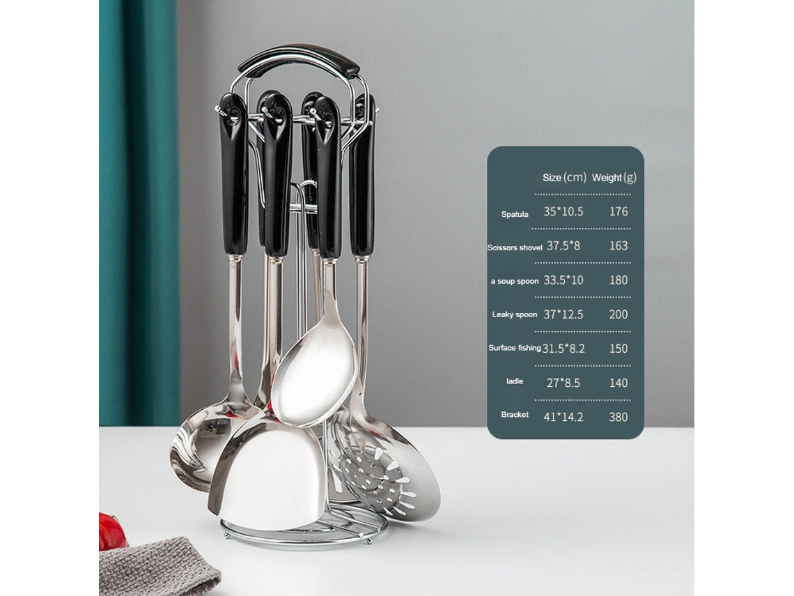 Juego De 7 Utensilios De Cocina De Acero Inoxidable 304: Espátula Ancha Plateada, Cucharón Ranurado Para Sopa, Cuchara Para Espaguetis Y Más