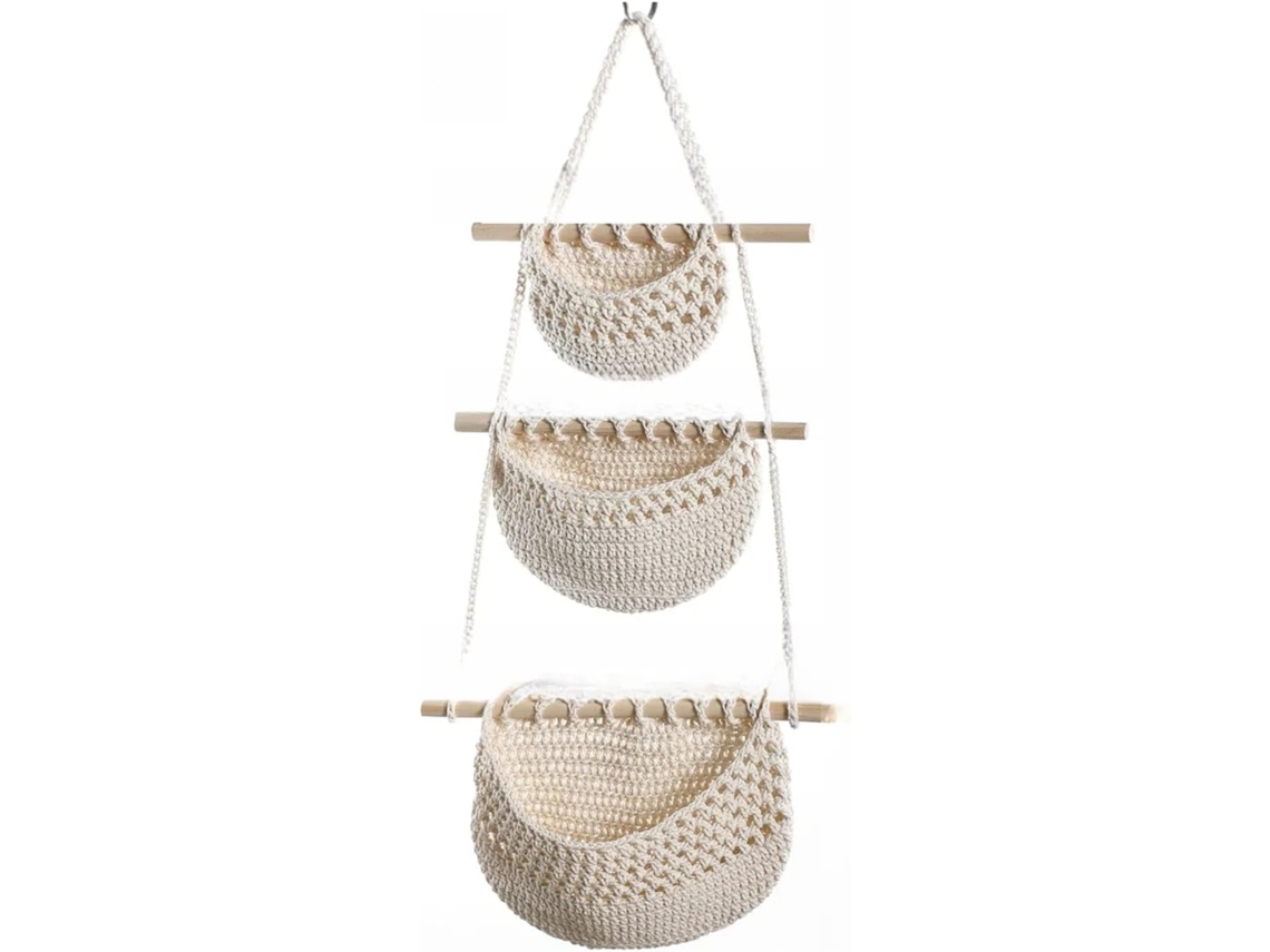 Cesta colgante con tres compartimentos y cuerda de algodón para guardar diversos artículos.