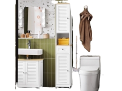 Armario de baño, diseño moderno, múltiples compartimentos de almacenamiento, blanco y natural.