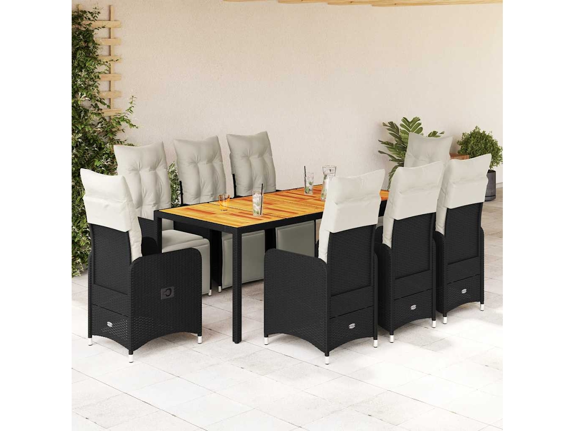 Conjunto de bistró de jardín de 9 piezas con cojines de mimbre negros de DKD Home Decor