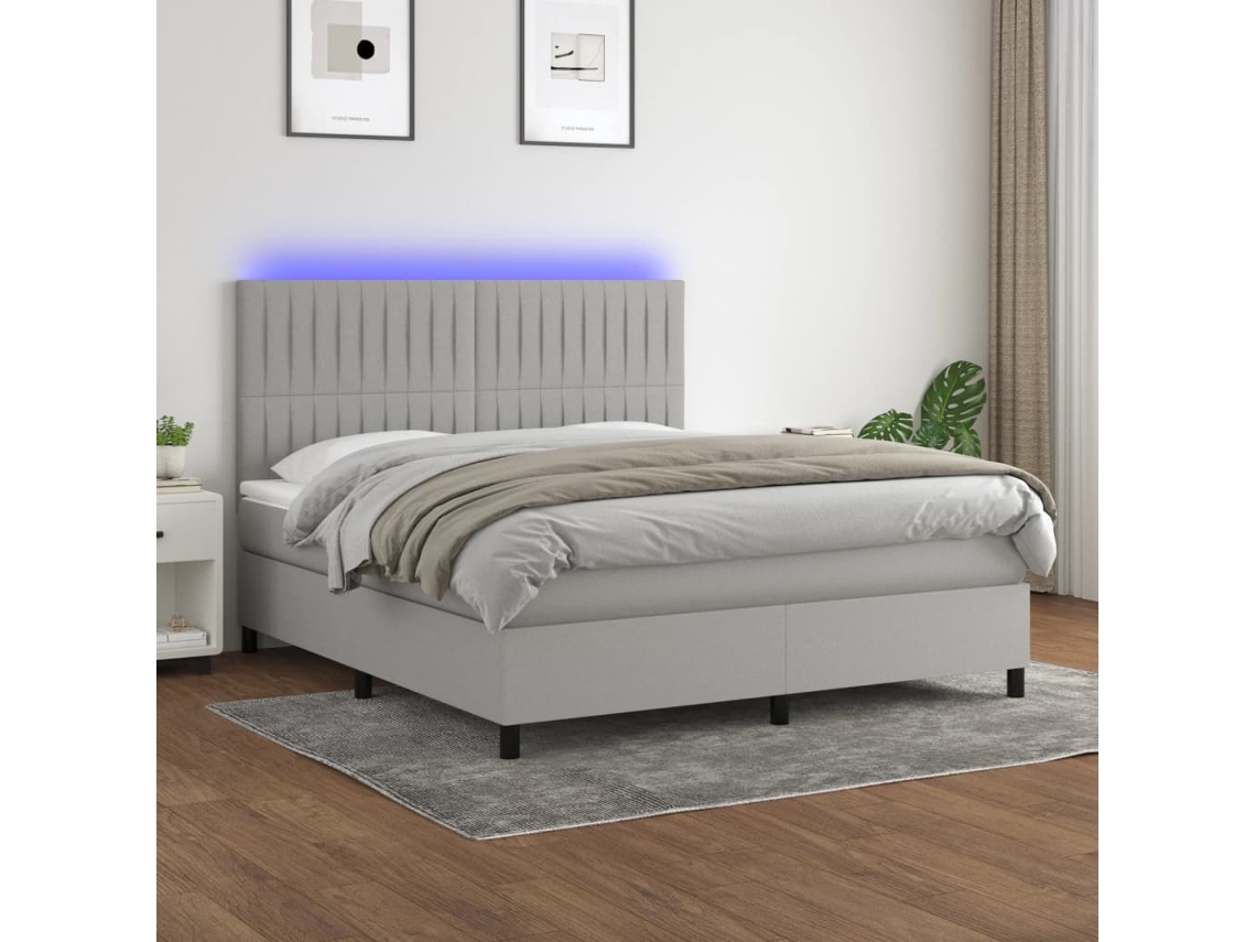 Cama Box Spring Colchón Y Luces Led Tela Gris Claro 160x200 Cm