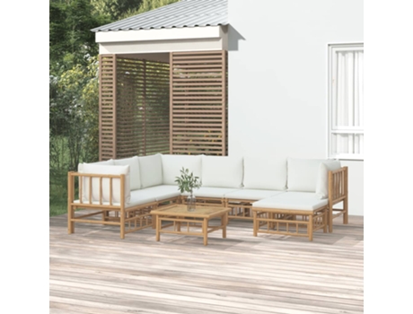 Conjunto 8 de muebles de jardín VIDAXL bambú y cojines blanco crema