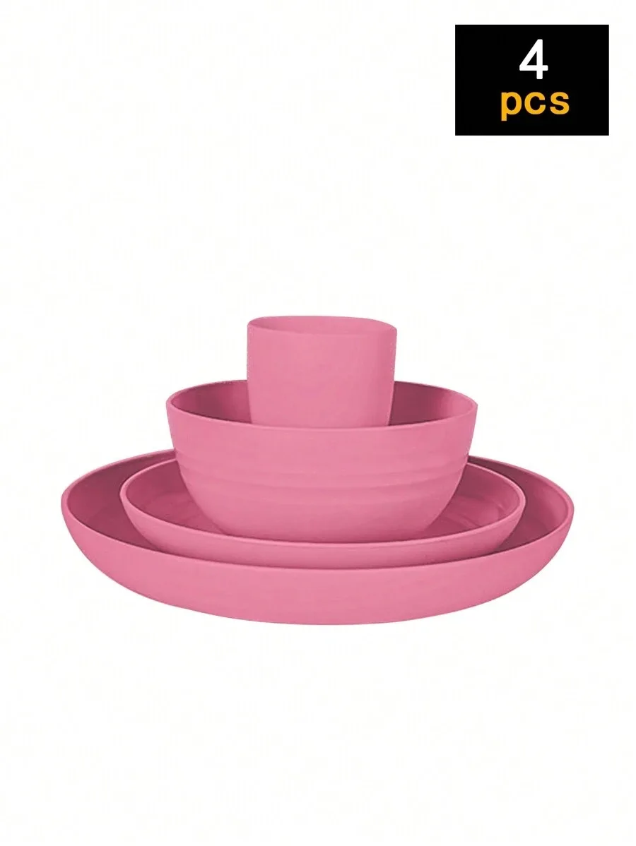 Juego De Cubiertos De Plástico (rosa, 4 Piezas), Que Incluye Platos, Cuencos Y Vasos.