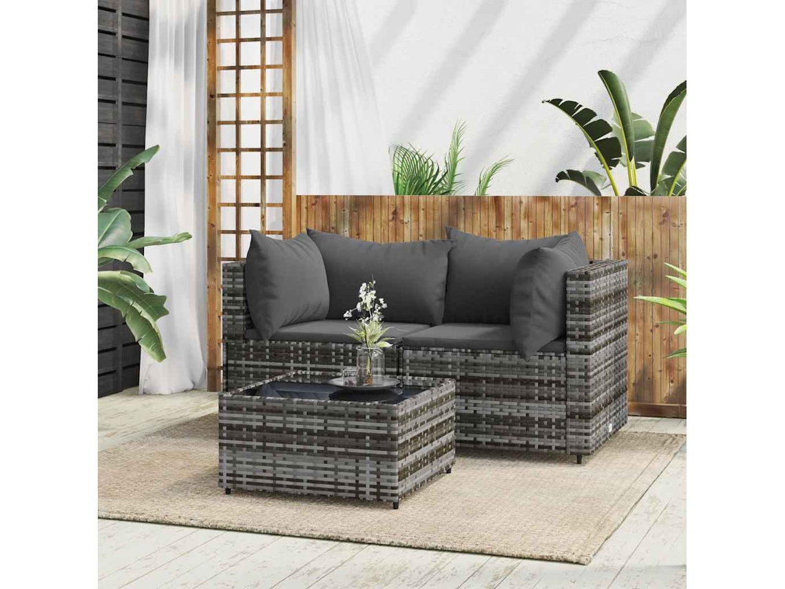 Set De Muebles De Jardín 3 Uds | Muebles Exteriores Y Cojines Ratán Sintético Gris