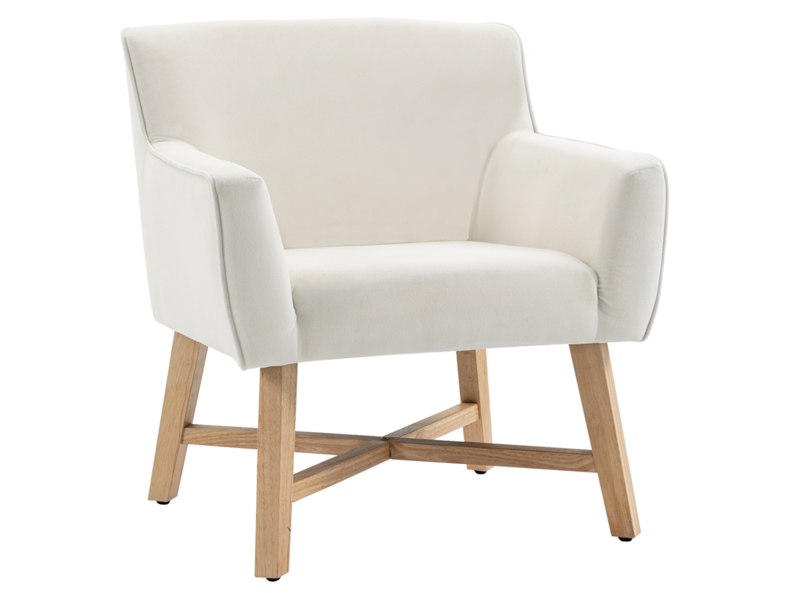 Sillón Tapizado En Terciopelo Con Brazos Acolchados Y Patas De Madera Cruzadas, Color Crema.