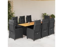 Juego de comedor de jardín de 9 piezas con cojines, mimbre sintético negro, DKD Home Decor