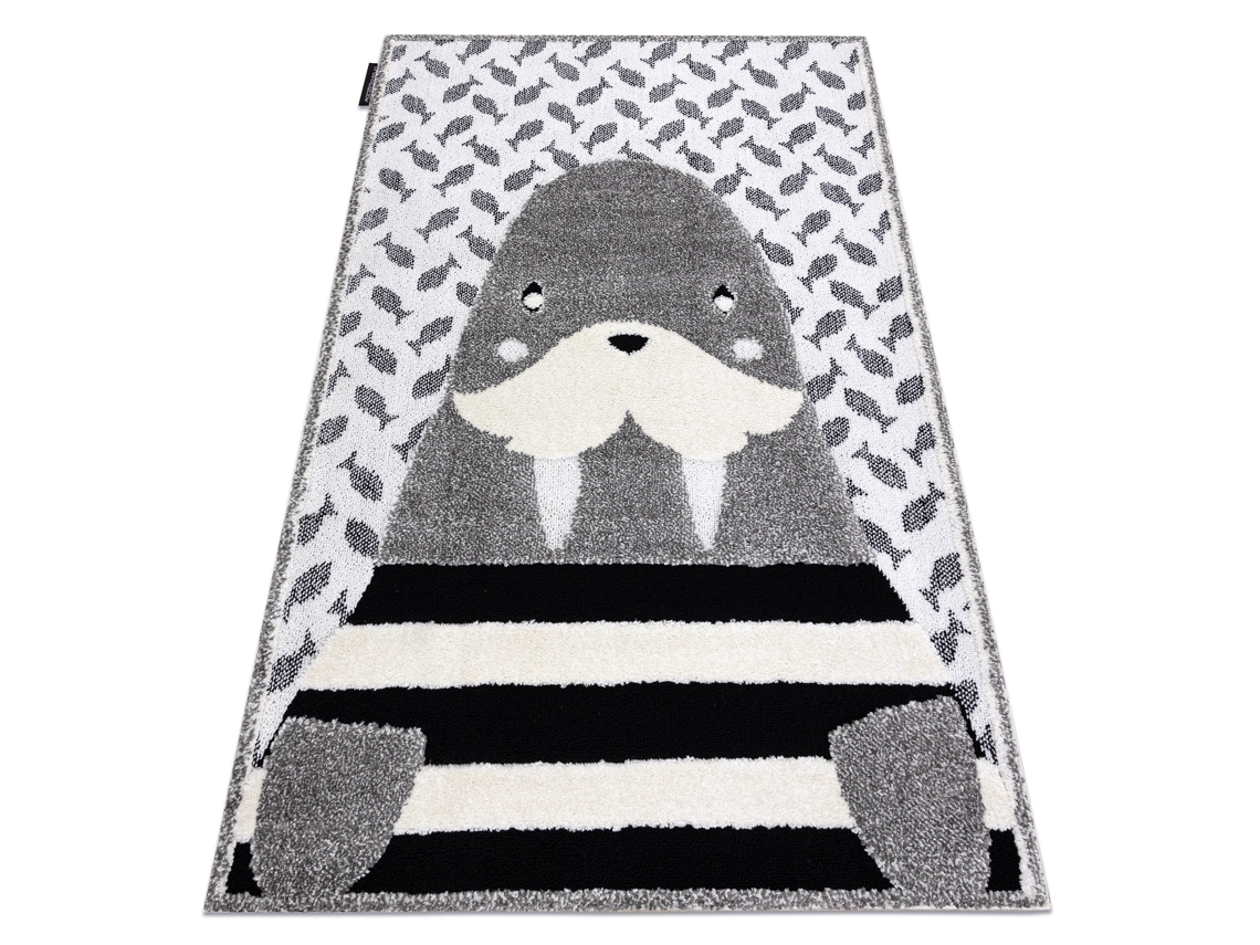 Alfombra Infantil Moderna Joy Walrus, Morsa Para Niños - Estructura Dos Niveles de Vellón Gris/Crema (140 x 190 cm)