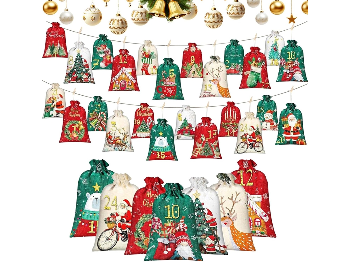 Calendario de cuenta regresiva con 24 bolsillos numerados y bolsas para dulces navideños.
