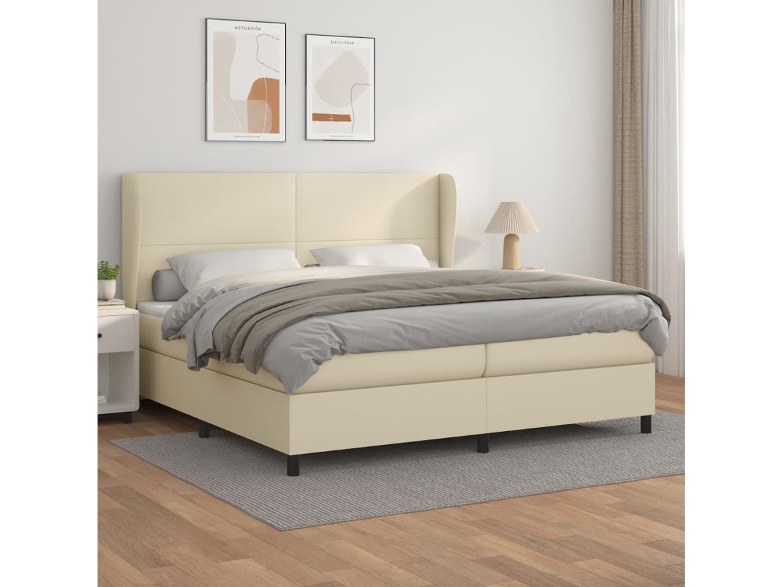 Syfax™ Cama Box Spring Con Colchón Cuero Sintético Crema 200x200 Cm
