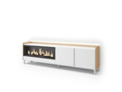 Mueble para TV, 212x35x61cm, para televisores de hasta 80'', chimenea eléctrica XXL, diseño industrial, LED, blanco y roble claro.