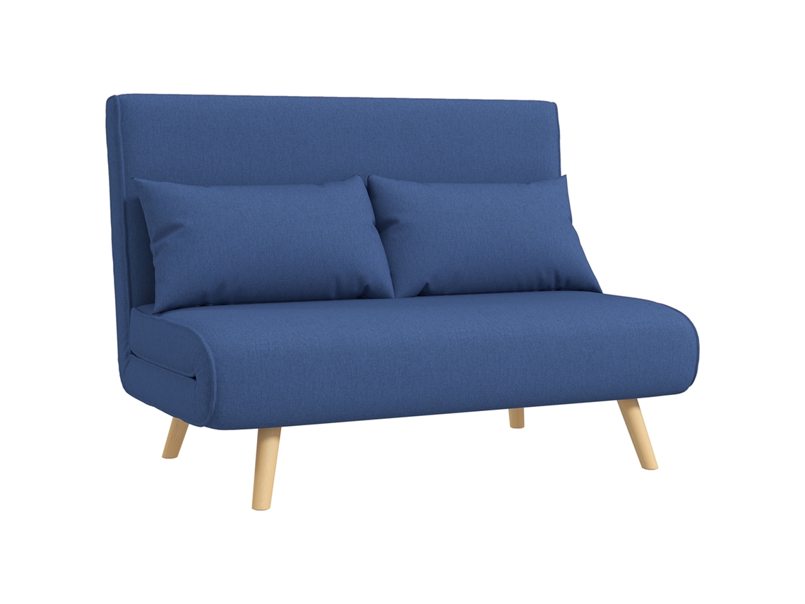 Sofá-cama 2 Lugares Tecido Linho Encosto Ajustável 5 Posições 2 Almofadas Azul Escuro 120x75x85cm