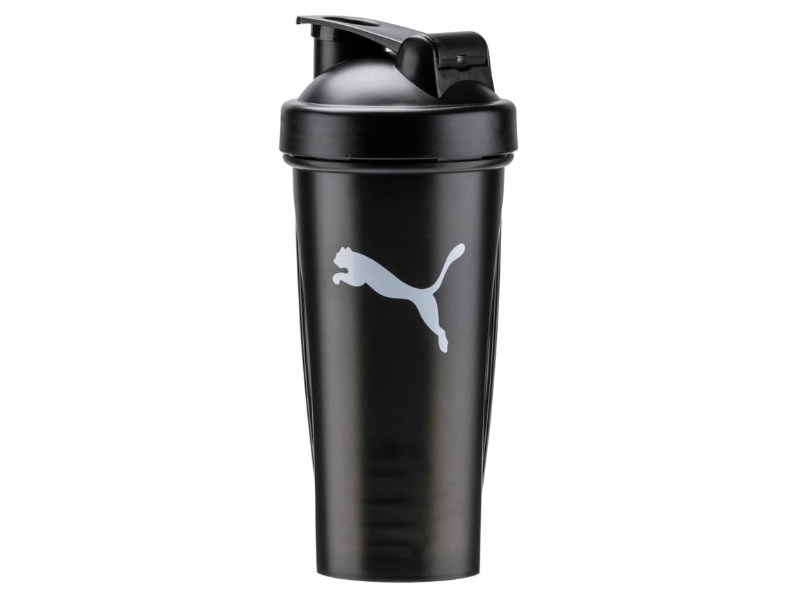 Botella mezcladora Puma negra, ideal para el gimnasio y el uso diario.