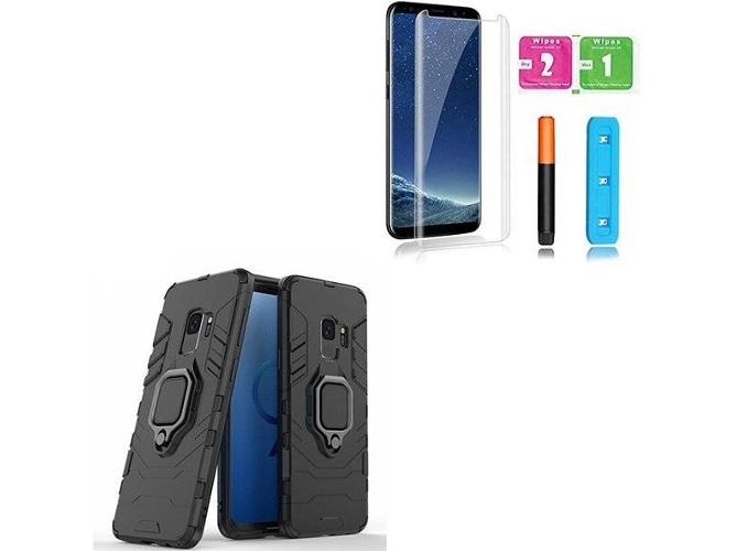 Kit Carcasa y Protector de Vidrio Nano Curved UV Samsung Galaxy S9 Plus PHONOCARE Militar Negro