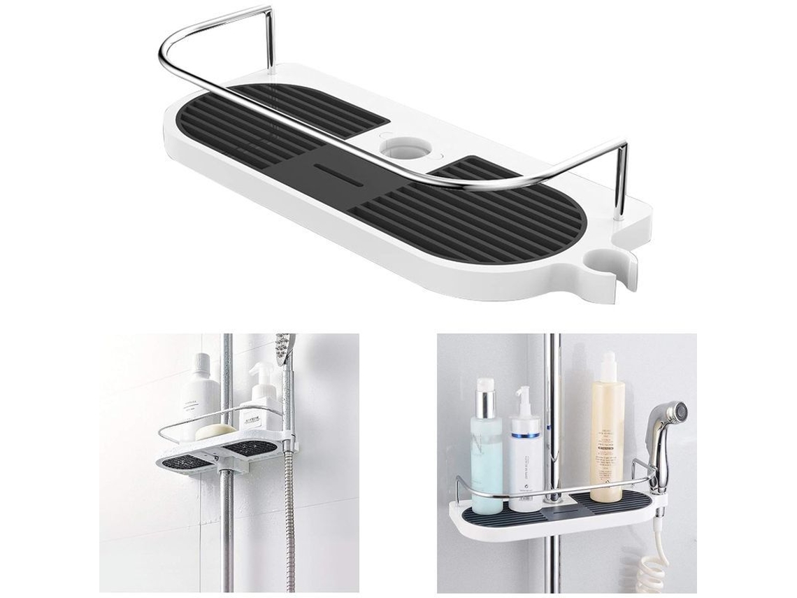 Soporte ajustable de aluminio para lavabo y ducha, apto para barras de 19" y 25 mm, con doble gancho y diseño antideslizante.
