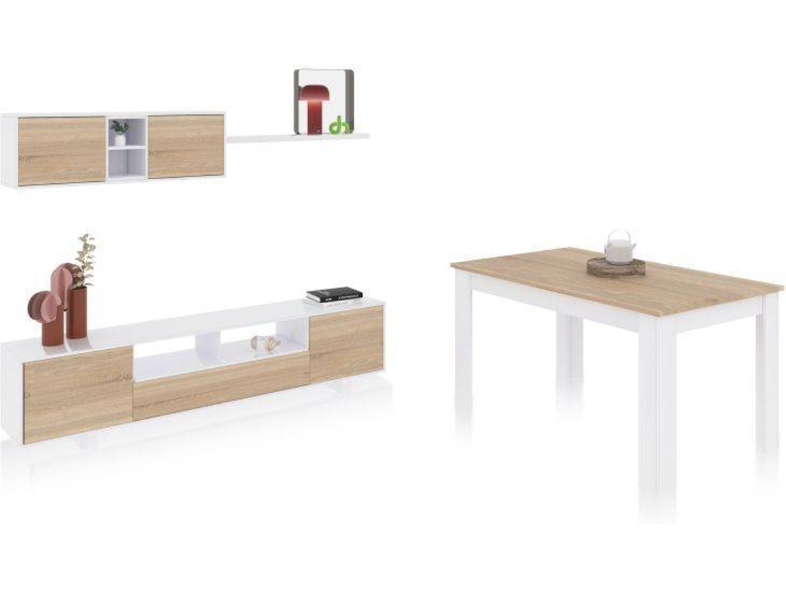 Conjunto de Salón con Mesa de Comedor Kenzo Plus Vb Blanco Artik Roble Canadian 200 x 46 x 41 cm Duehome (blanco Mate)