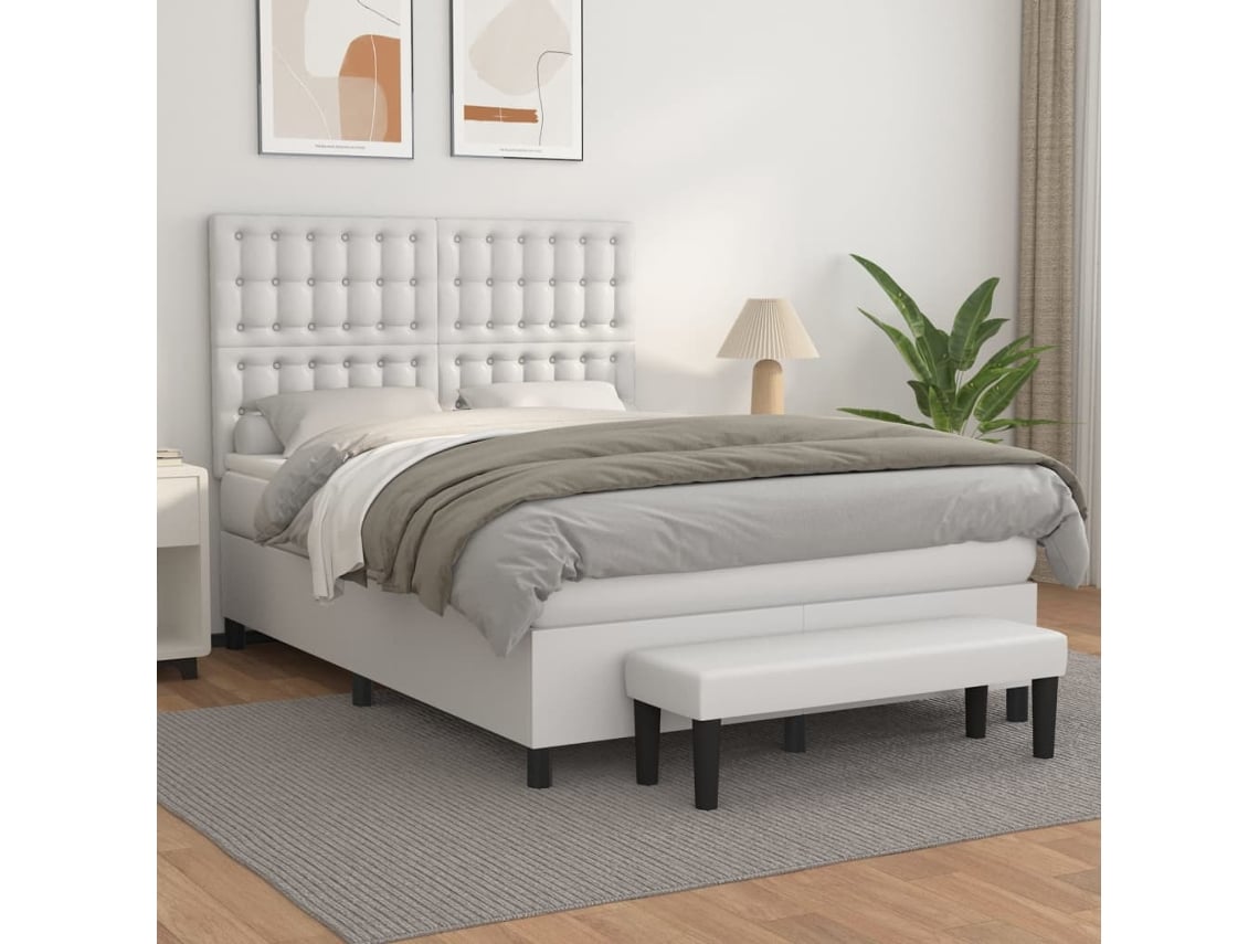 Cama Box Spring Con Colchón Cuero Sintético Blanco 140x190 Cm