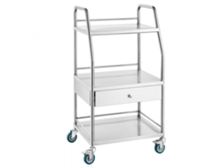 Carro de laboratorio de acero inoxidable con 3 estantes y cajón, ruedas con freno y capacidad de 100 kg para uso médico y dental. Tekmaquinas