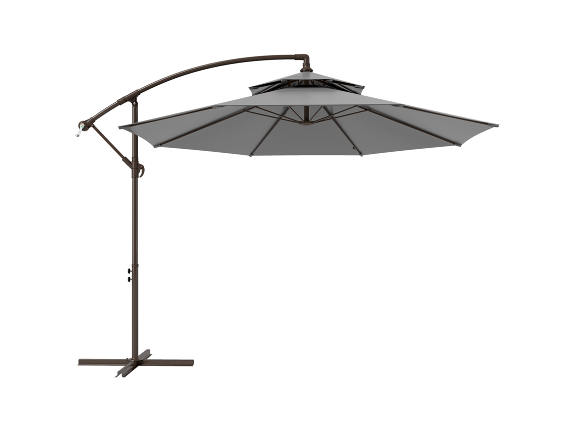 Sombrilla oscilante de Ø2,67×2,45 m, con manivela, doble toldo, base de acero en cruz, poliéster, protección solar para exteriores, gris claro.