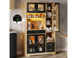 Armario Cocina 185x105x40 Cm, Vitrina, Led, Enchufes, Estilo Rústico, Negro/natural