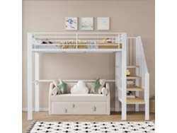 Cama Alta Metal 140 X 200 Cm - Estructura Estable Con Amplio Almacenamiento Bajo La Cama Y Escalera, Ideal Para Niños Y Adultos - Blanco