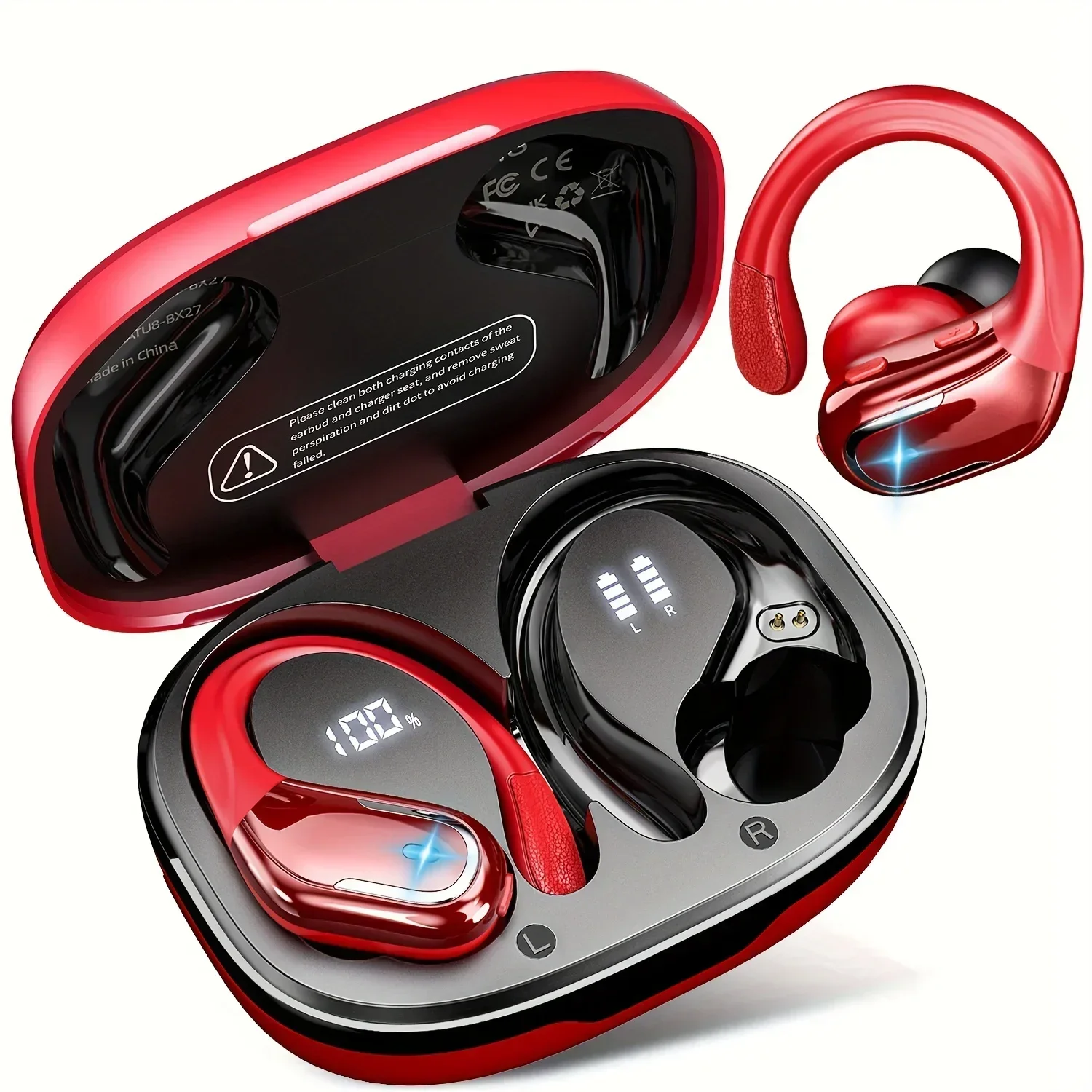 Auriculares Inalámbricos (rojos), Auriculares Deportivos Con Ganchos Para Las Orejas Y Pantalla Led.