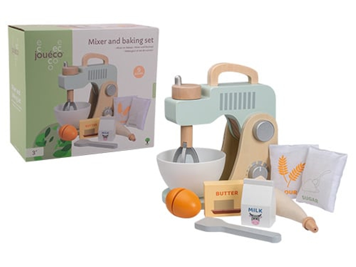 Juego de cocina de juguete Jouéco con batidora y juego de repostería de madera, 10 piezas sostenibles