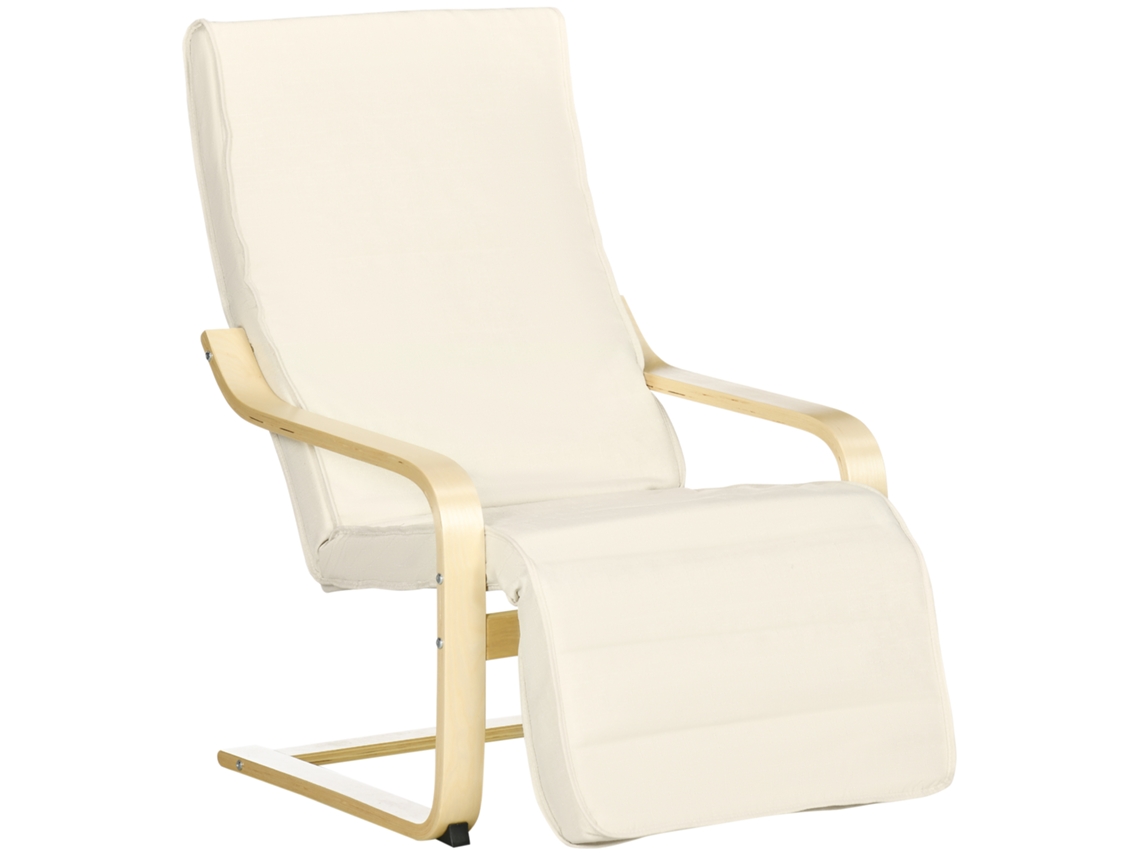 Tumbona reclinable con reposapiés, de madera de abedul color crema.