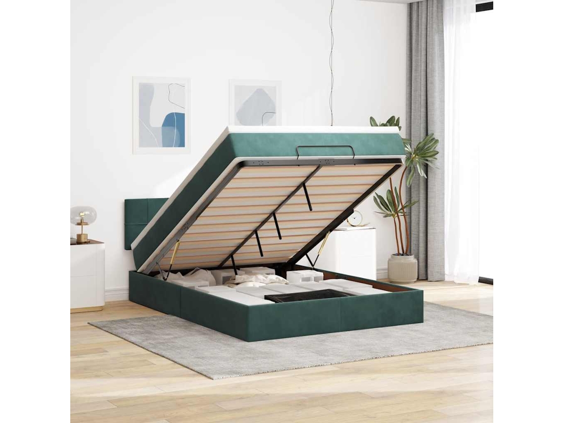 Estructura Cama Otomana Colchón Terciopelo Verde Oscuro