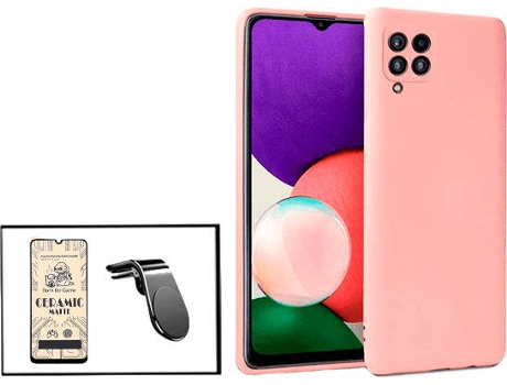 Kit Cristal Templado CeramicGlass Full Cover, Funda Silicona y Soporte Magnético L Safe Driving Coche Samsung Galaxy M32 PHONECARE Rosa