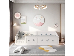 Cama Infantil Montessori De 90x200 Cm En Pino Macizo, Barandillas Con Estrellas Y Lunas, Pintura Segura Al Agua, Diseño Seguro, Color Blanco.