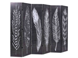 Biombo plegable | Separador de ambientes | Biombo con estampado de plumas 228x170 cm Blanco y negro