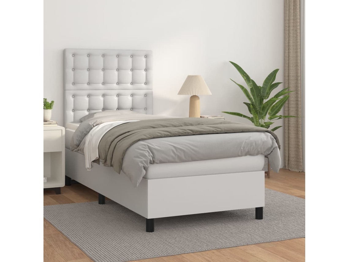 Cama box spring con colchón cuero sintético blanco 90x190 cm