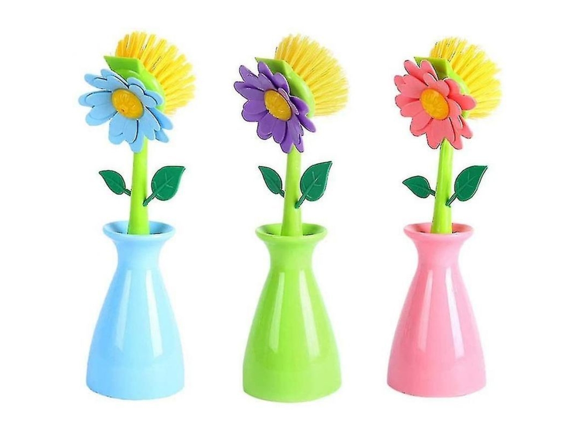 3 cepillos de cocina de manga larga, con forma de flor, de color azul, verde y rosa, para utensilios.