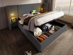 Cama Contenedor Lino 160x200 Cm - Mesitas Noche, Luz Lectura, Función Carga, Somier - Gris