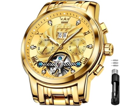 VEANXIN Reloj Tourbillon luminoso de acero inoxidable con fase lunar, mecánico, automático, hueco, resistente al agua, para hombre(oro)