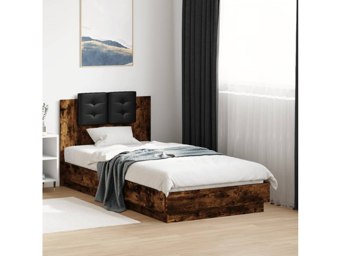 Estructura De Cama Cabecero Luces Led Roble Ahumado 75x190 Cm
