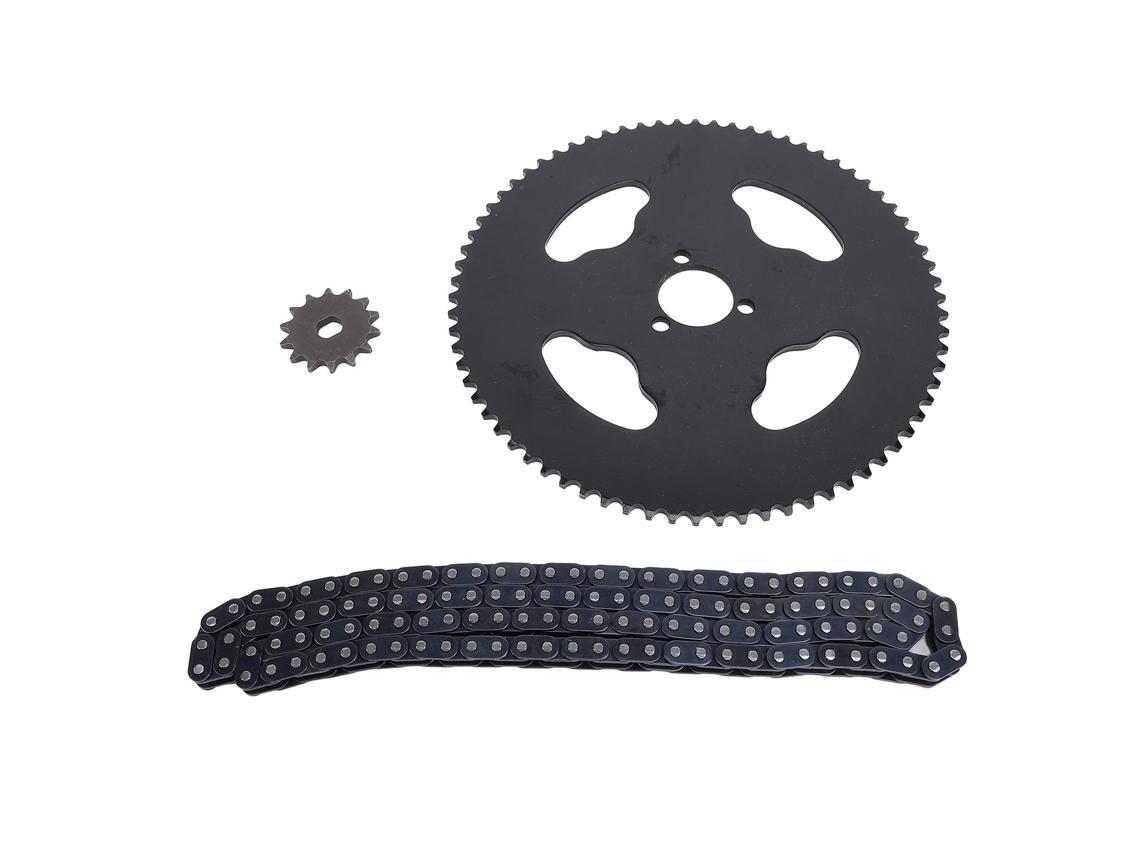 Kit de cadena y piñón T8f 2026: Delantero 14t, Trasero 74t, 120 eslabones, 29 mm de diámetro interior.