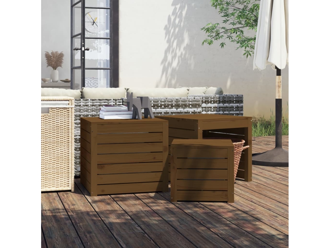 Maison Exclusive - Set Cajas De Jardín 3 Pzas Madera Maciza Pino Gris Marrón Miel