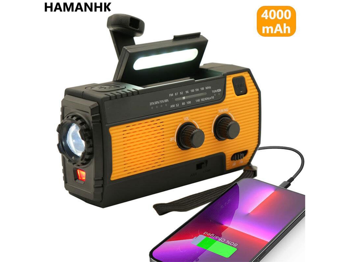 Radio multifuncional de 4000 mAh con FM, AM, WB, NOAA, carga solar y manivela, USB, linterna LED para emergencias y batería externa portátil. Viewleaf