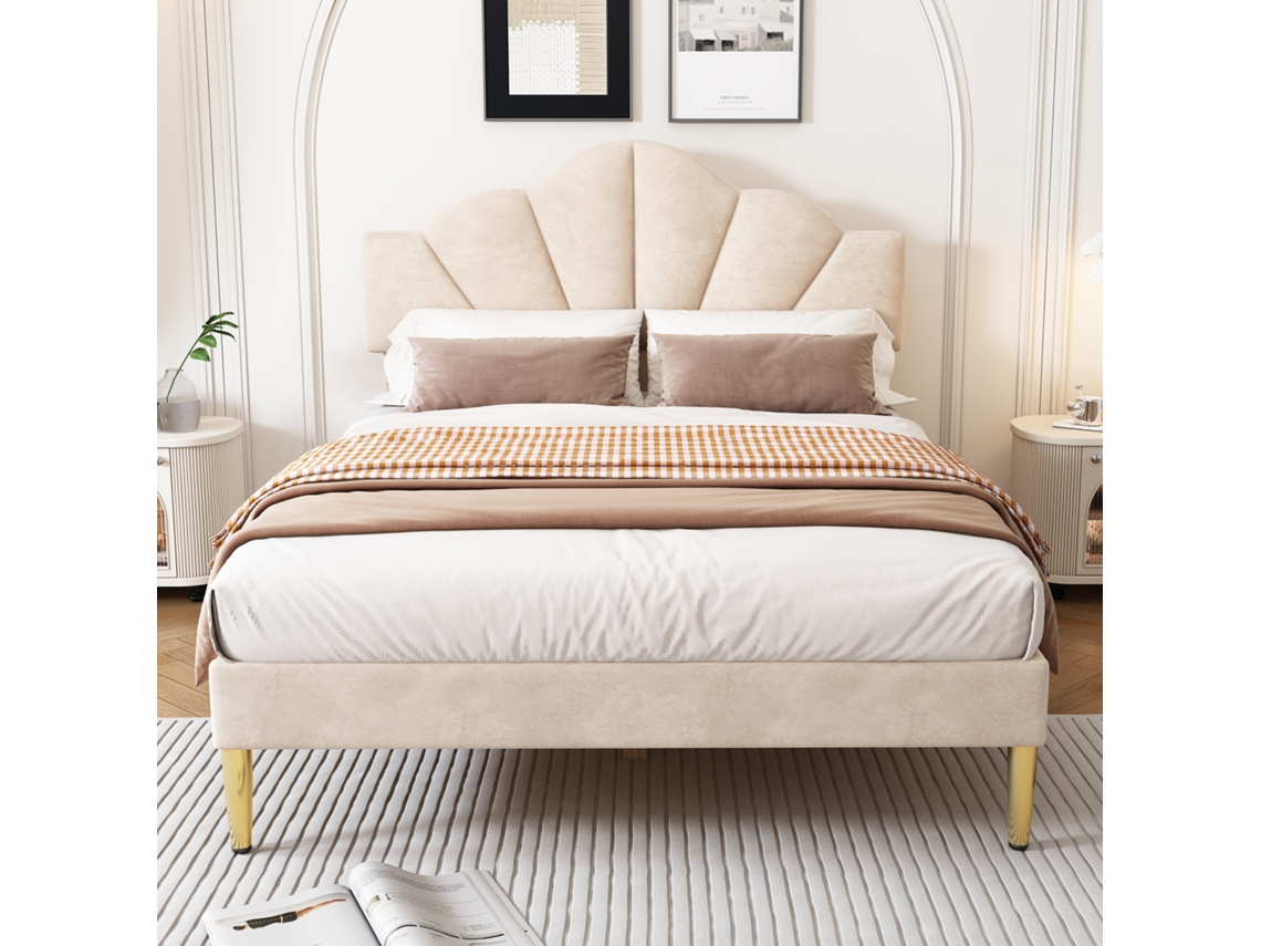 Cama Infantil De Terciopelo 140x190 Cm Con Somier De Láminas - Cabecero En Forma De Concha - Beige