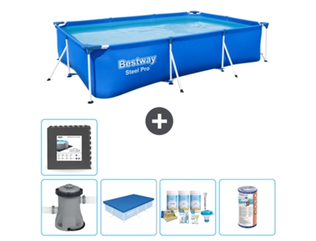 Piscina BESTWAY rectangular Steel Pro - 300 x 201 x 66 cm - Azul - Bomba incluida Cubrir - Paquete de mantenimiento - Filtrar - Baldosas
